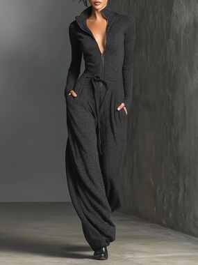 Modesees Elegant Knit Sparkling Zipper Front Jumpsuit